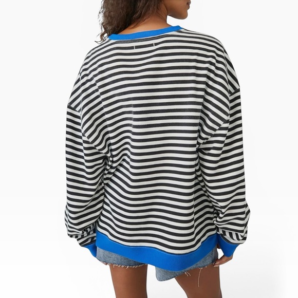 FREE PEOPLE WE THE FREE OVERSIZED STRIPE SWEATSHIRT BLUE CONTRAST CREWNECK - Picture 6 of 11